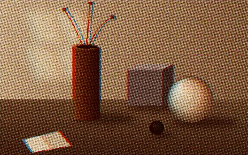 The still life in warm sepia comic-book print with a slight 3-D offset.