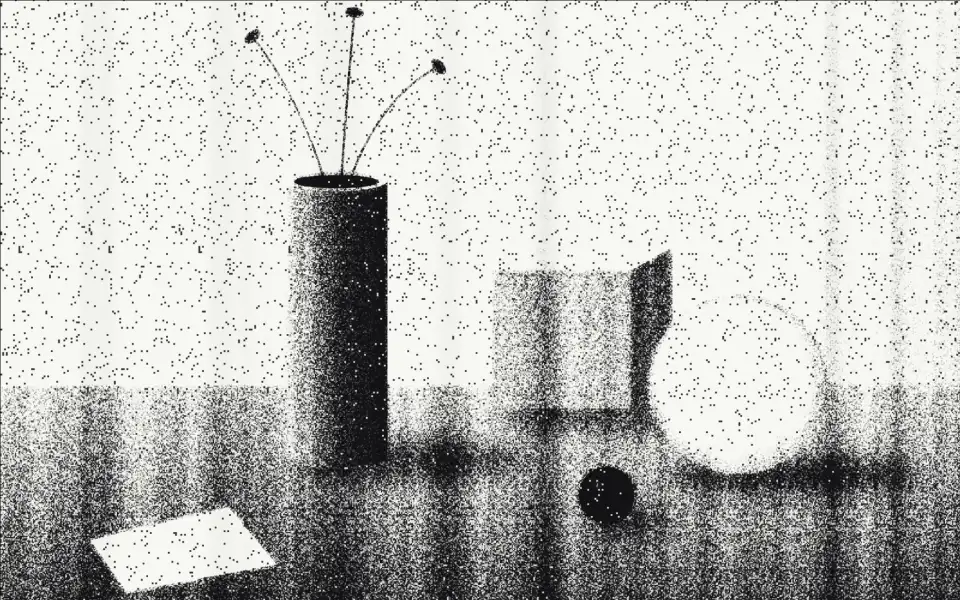 The still life as a grainy black and white photocopy.
