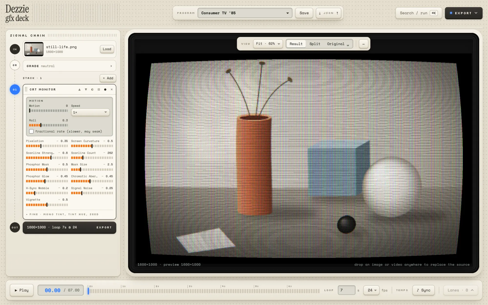 The Dezzie deck: the signal chain on the left with a CRT Monitor module open, and a still life of a vase, a cube and a sphere on the screen with the Consumer TV '85 program applied.