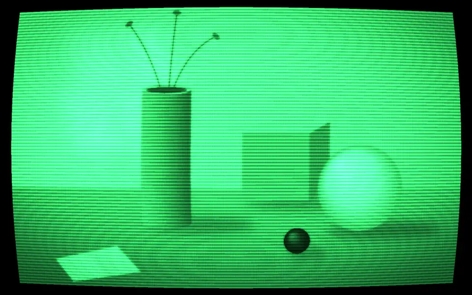 The still life as a green phosphor terminal screen.