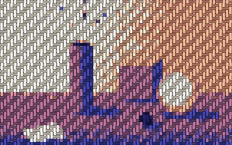 The still life woven in indigo and rust stripes like dyed cloth.