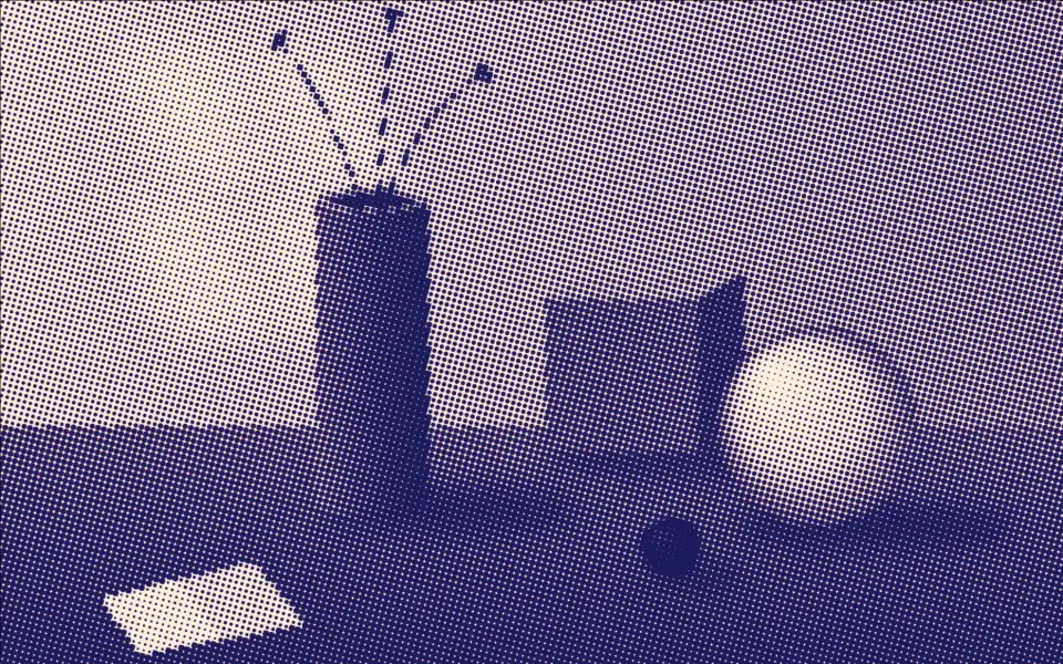 The still life as a two-colour riso print with halftone dots.